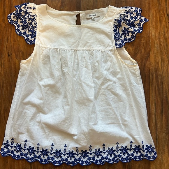 Madewell Women’s Size 4 White Shirt with Blue Embroidery on Sleeve Summer - Picture 4 of 11